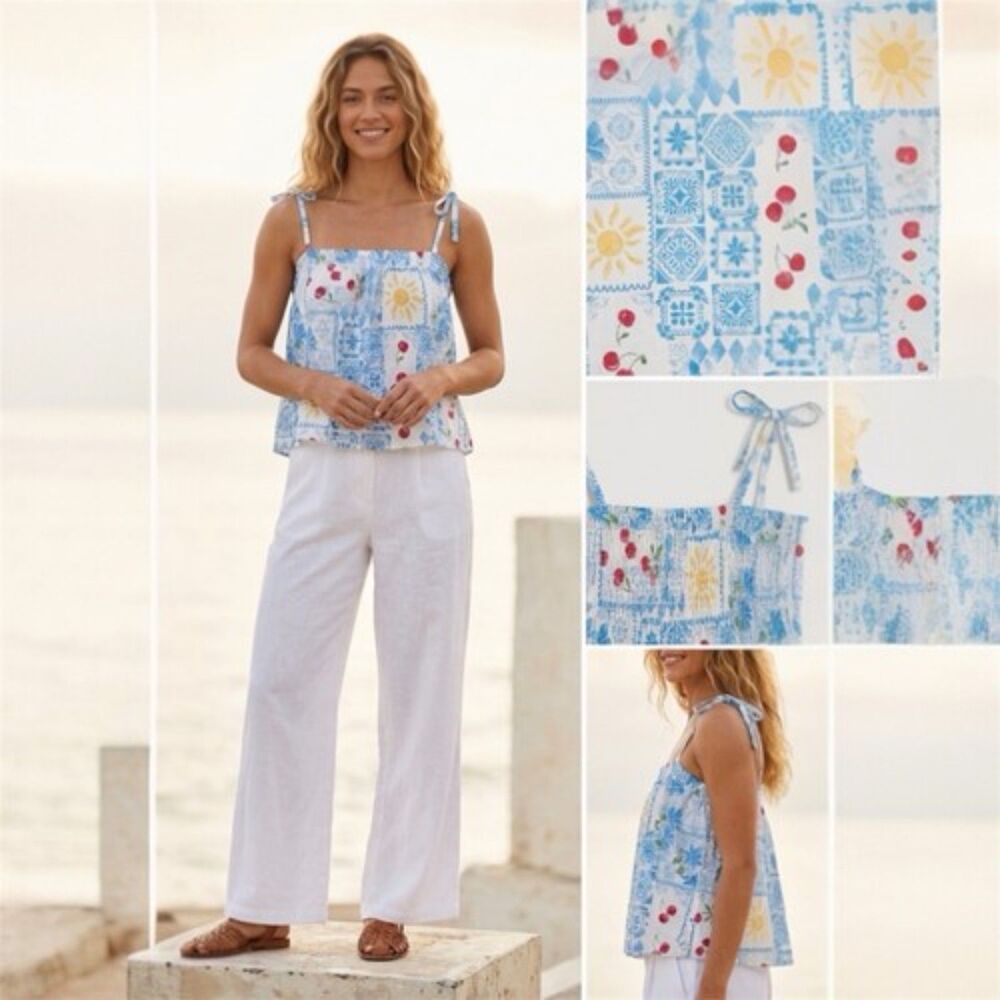 Bila 77 Athens Babydoll Top Womens L White Floral Cherries Crop Boho Cottage